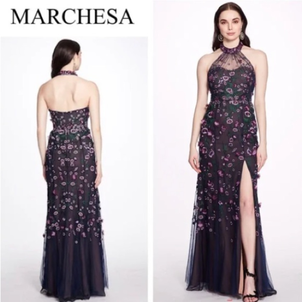 Marchesa Navy Floral Gown
